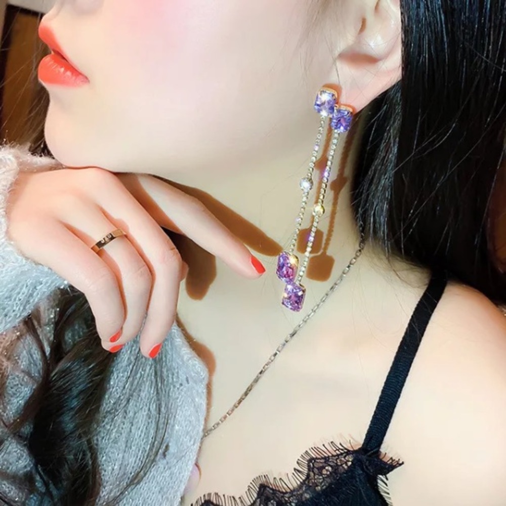 Long Crystal Purple Rhinestone Earrings - Picture 2 of 5